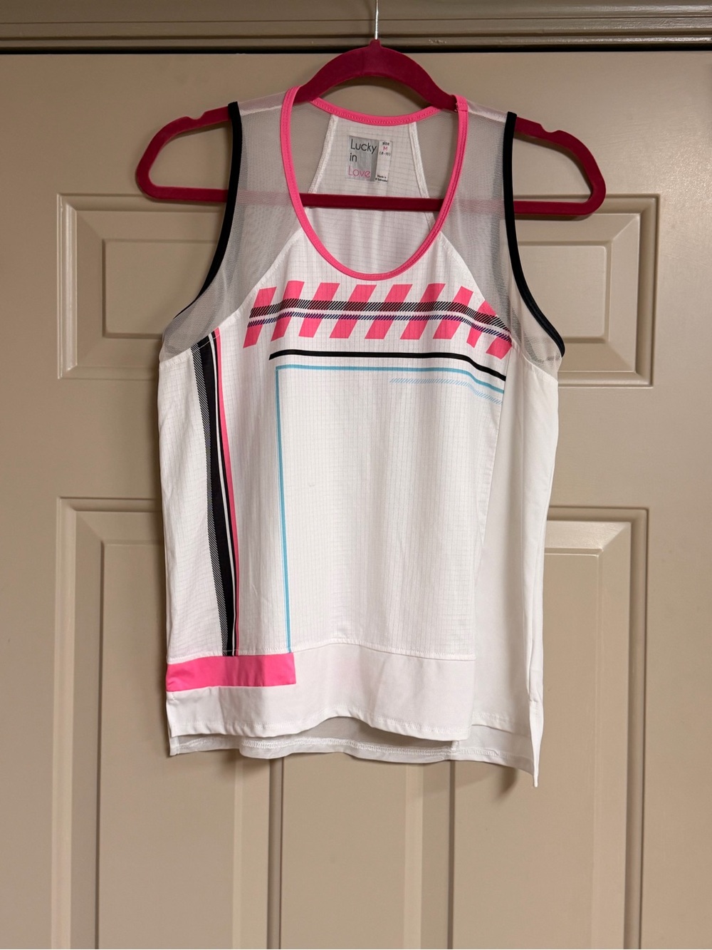 Lucky in Love Women’s Size Medium White Black Teal & Pink Athletic Tank Top